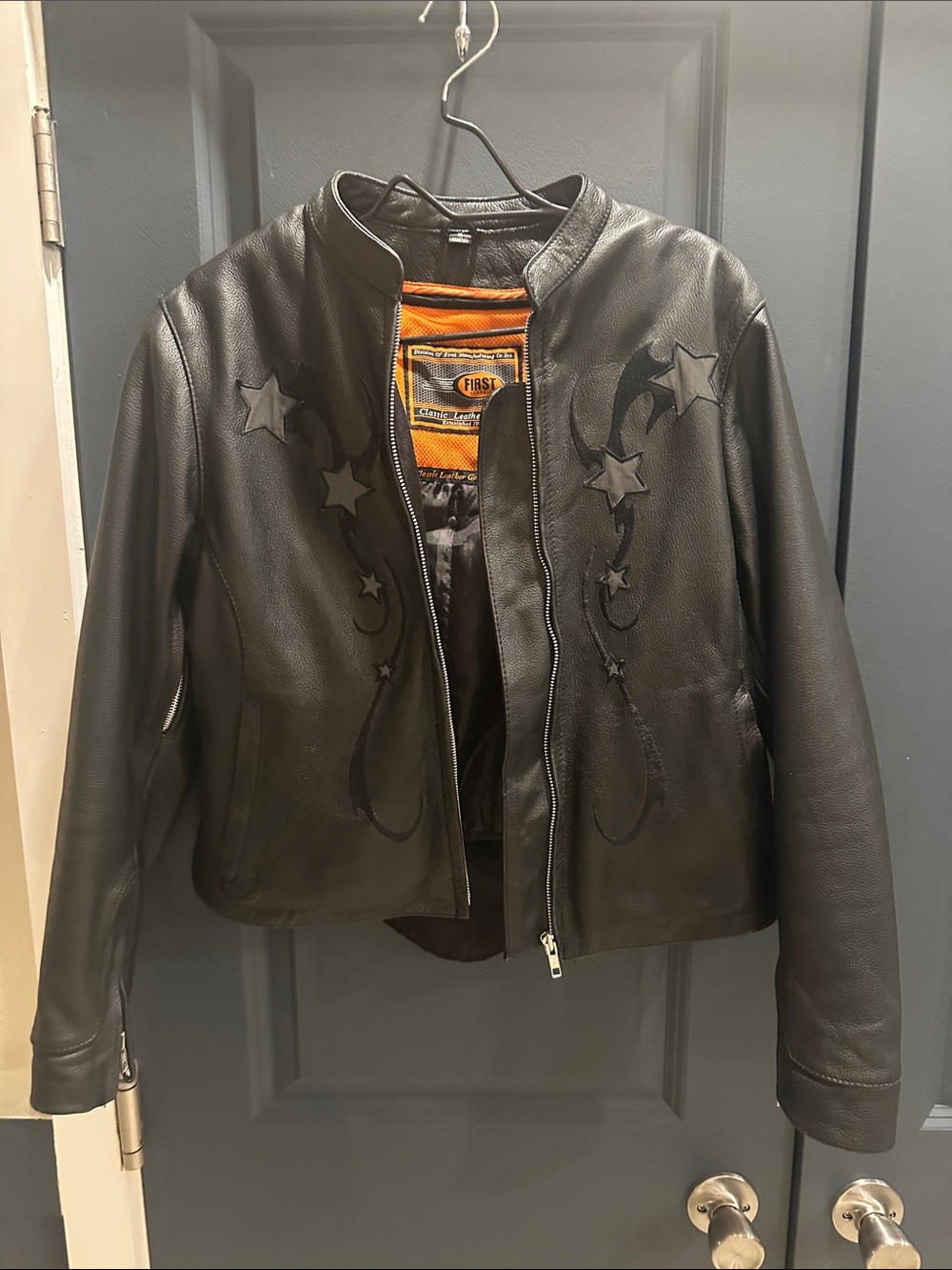 First classics Black Embossed Star & Crescent women’s Leather Jacket. Motorcycle